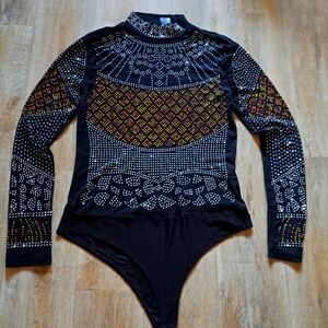 Mega Wear Black Silver Gold Mock Neck Rhinestone Stretch Bodysuit Size 3X NWOT